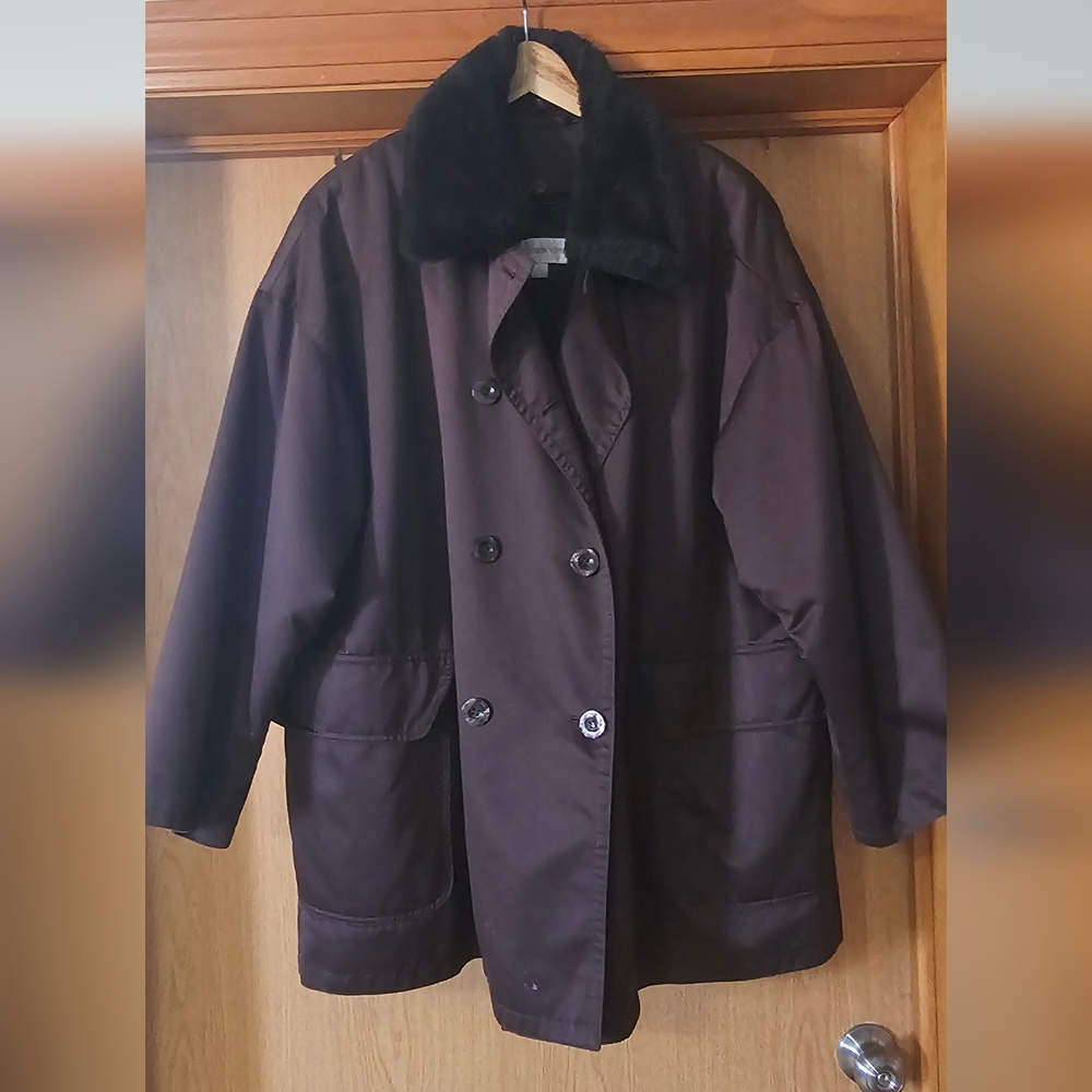 Jones New York Dark Plum Pea Coat with Black Collar